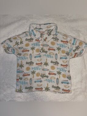 Kids Beach Print Cotton Short Sleeve Shirt - White with Blue, Orange, Green